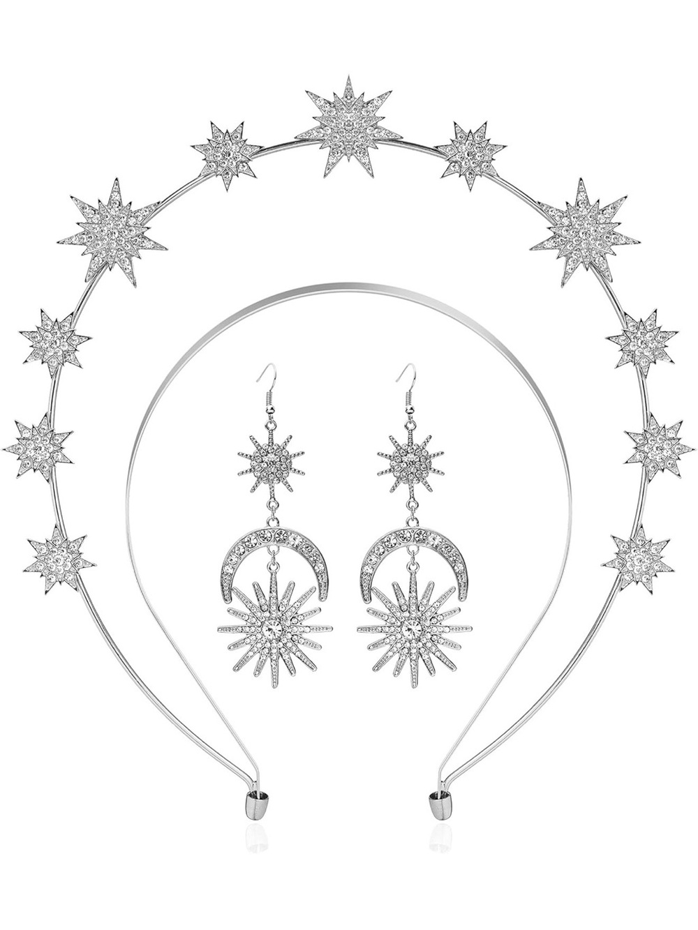 Starburst Moon Crystal Stars Goddess Headband Tiara Crown & Earrings Set Silver